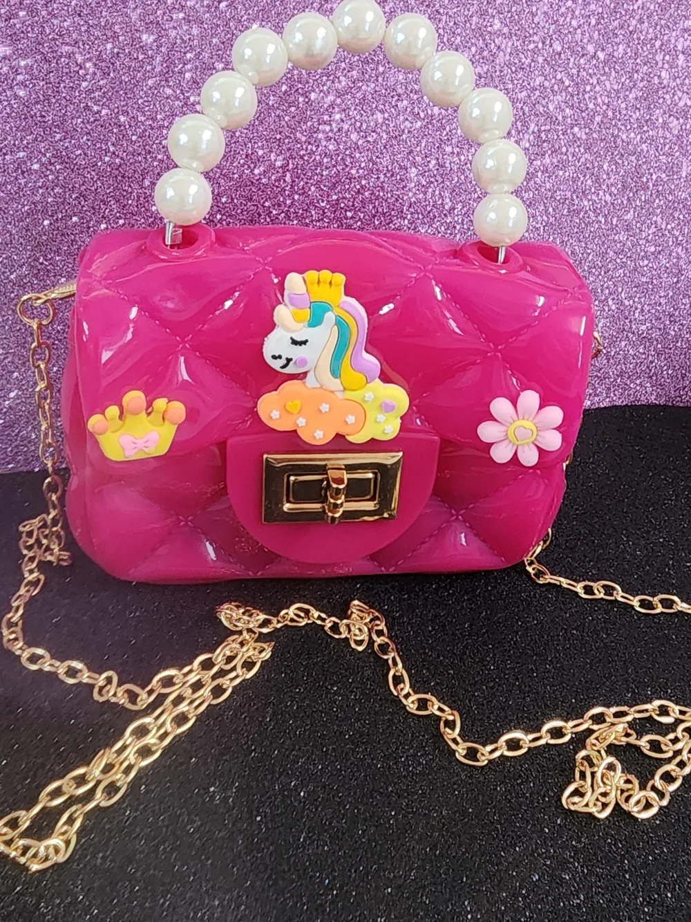 Pink Unicorn Pearl-Handle Kids Crossbody Jelly Purse
